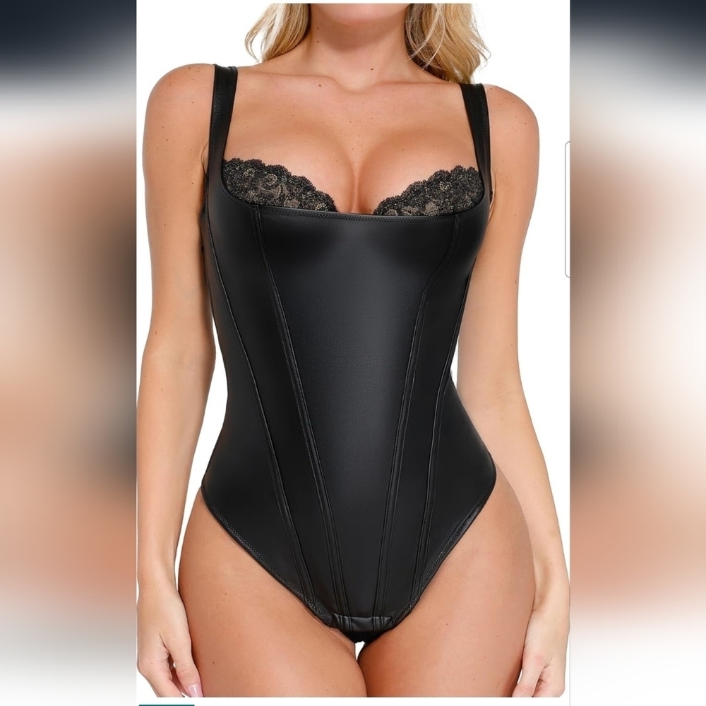 Popilush Women's Black Faux Leather Lace Shapewear Tummy Control Bodysuit 3XL